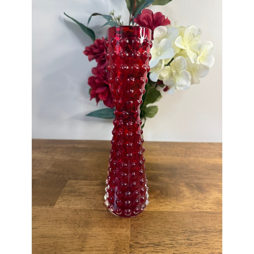 Vintage Ruby Red Hobnail Glass Vase Tall Bud Vase Bubble Texture MCM Decor